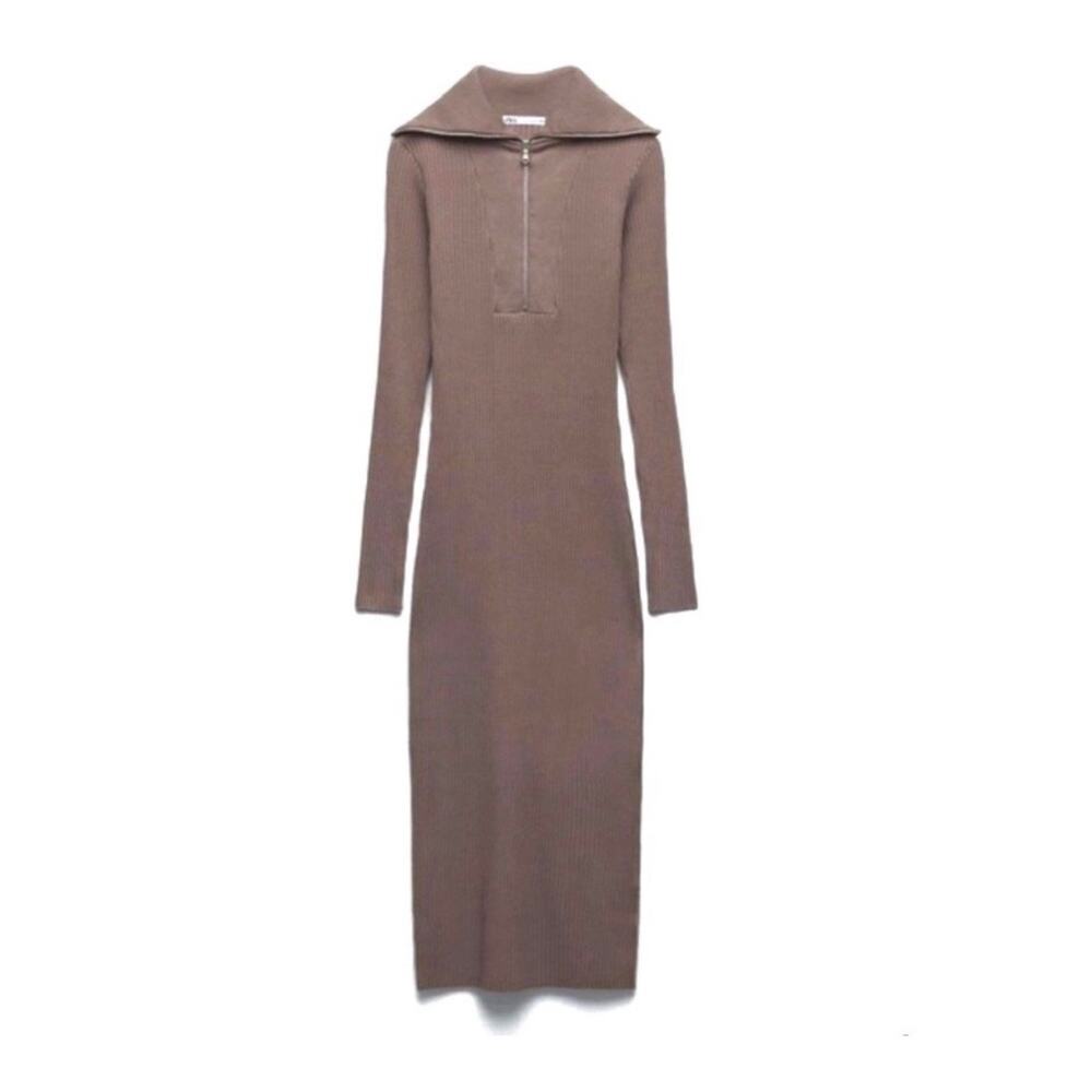 Zara Ribbed Knit Maxi Dress Brown Zip Collar 90s Minimalist CBK Style - Picture 4 of 9